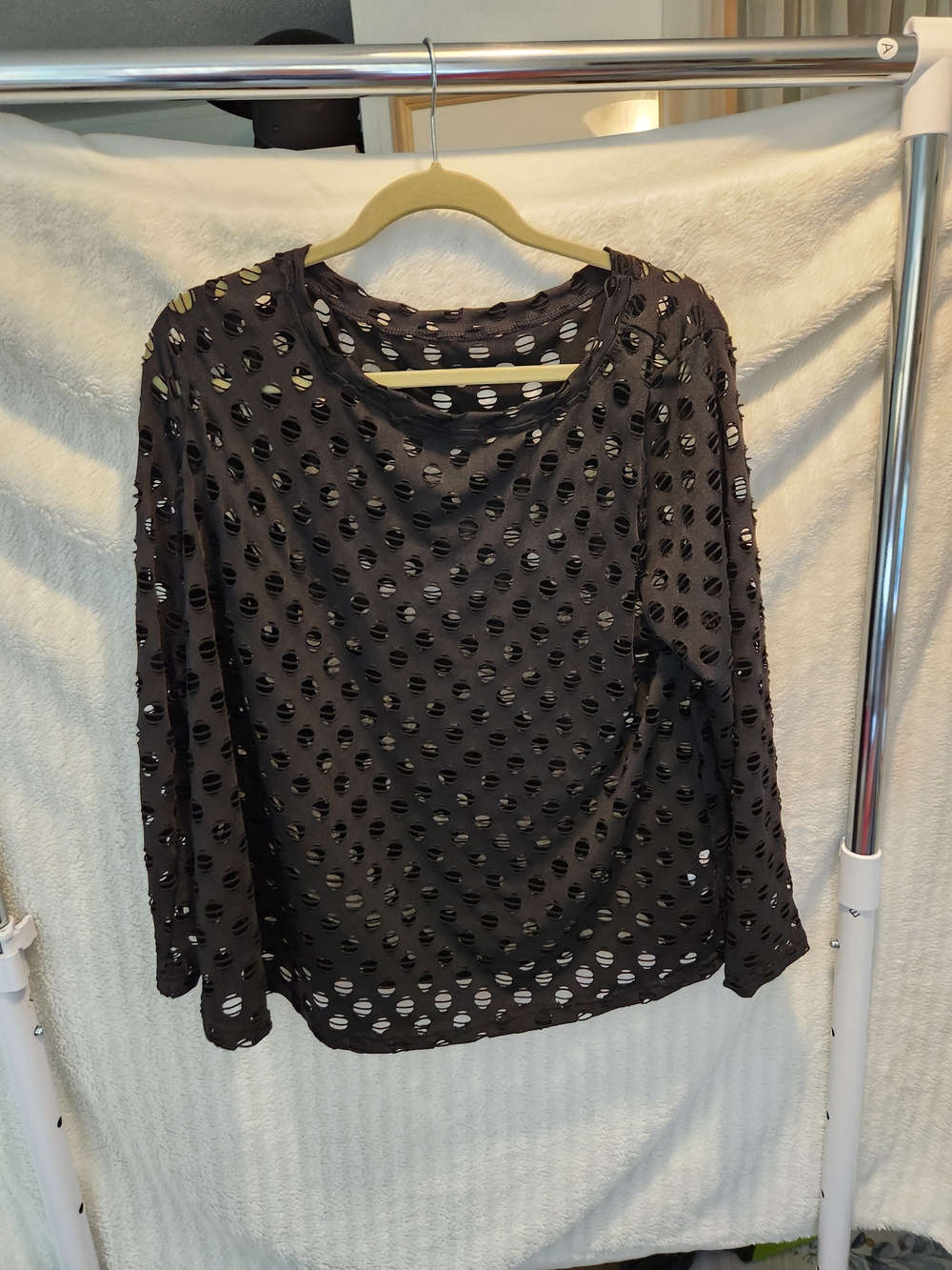 Source Unknown Black Distressed Hole-Pattern Long Sleeve Tee/cover Up